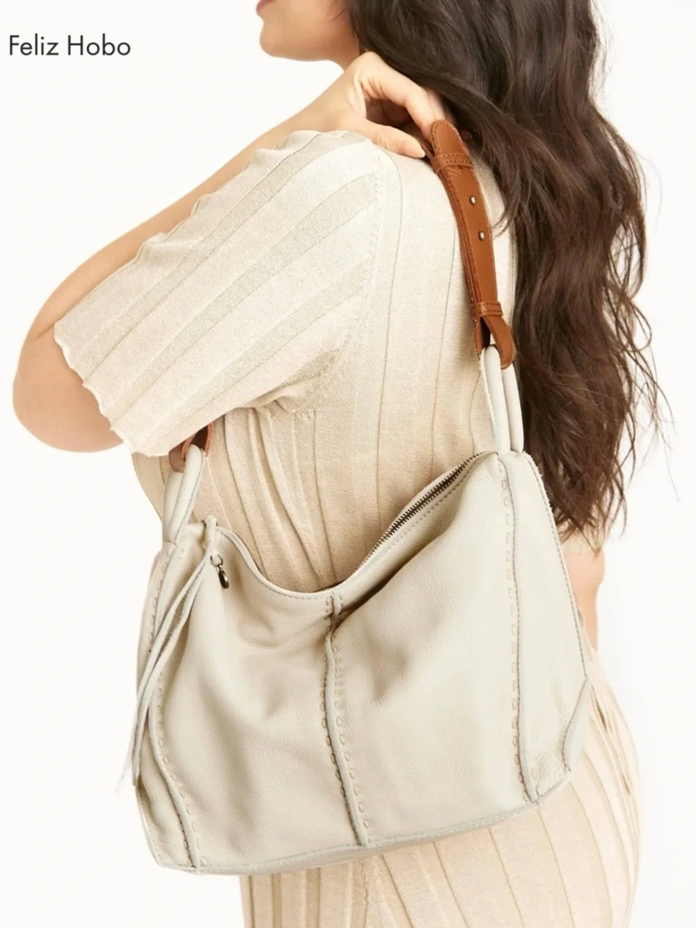The Sak Los Feliz Hobo Cream Leather with Brown Shoulder Strap - Picture 4 of 16